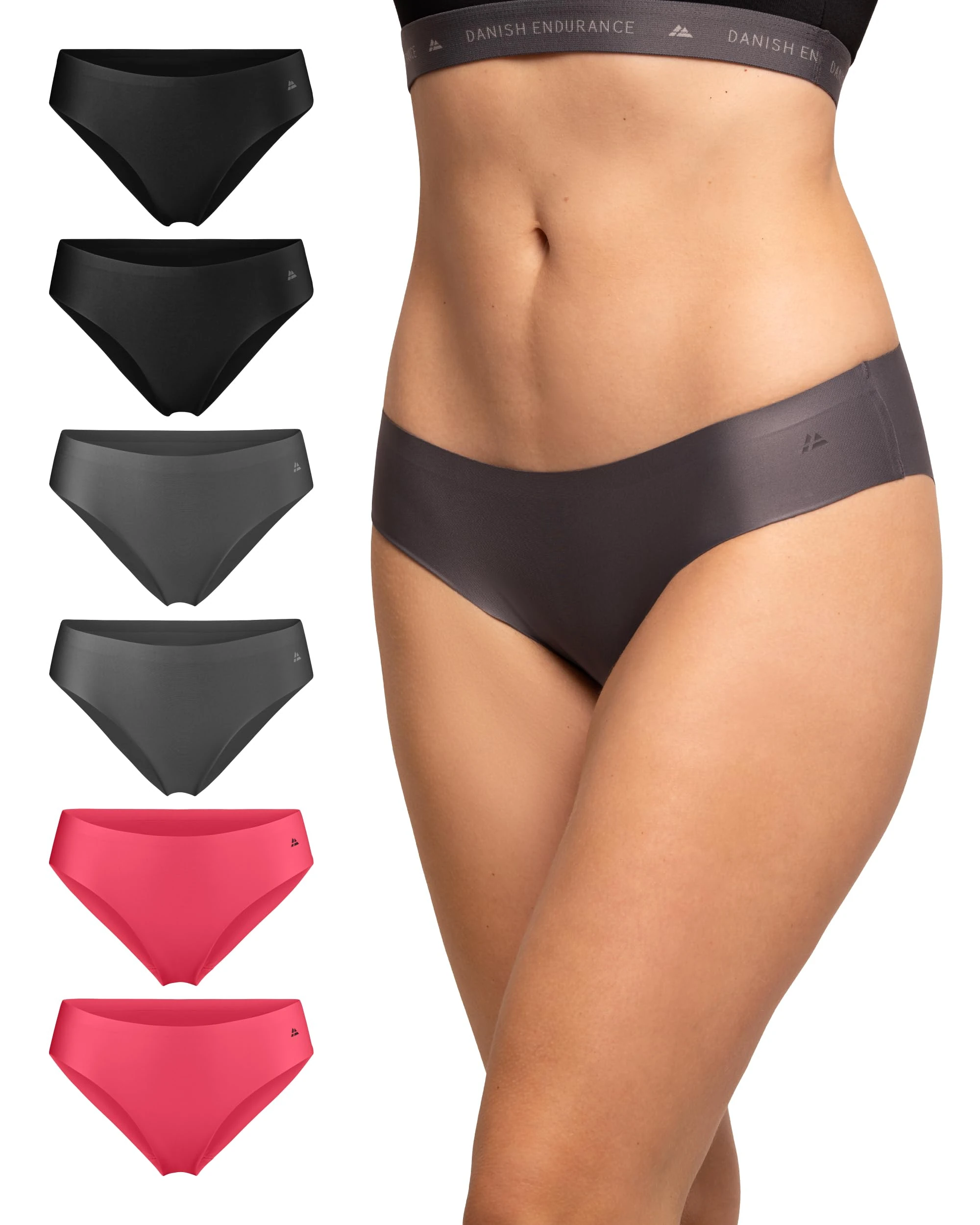 DANISH ENDURANCE 6 Pack Women's Invisible Bikini Panties, No-Show Microfiber Knickers, Sports Briefs, Multicolour (2x Black, 2x Grey, 2x Pink), S