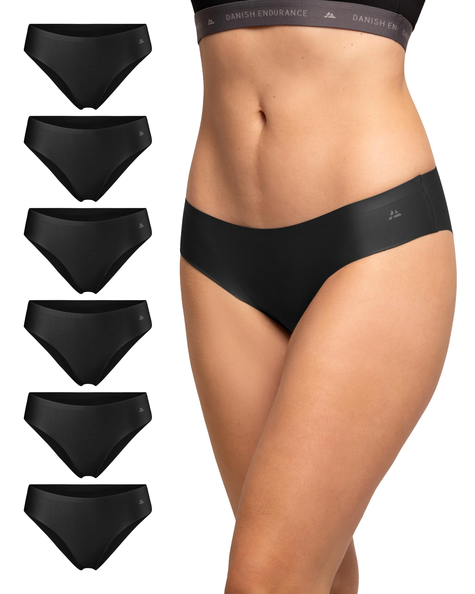 DANISH ENDURANCE 6 Pack Women's Invisible Bikini Panties, No-Show Microfiber Knickers, Sports Briefs, Black, M