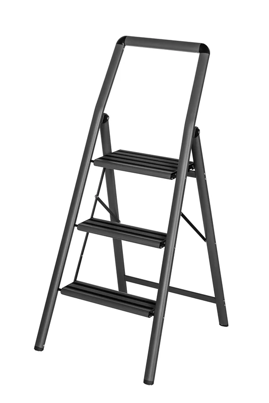 WENKO Lightweight Aluminium Compact Ladder, 66 cm Higher, Folding Step Ladder, 3 Non-Slip Steps, Safety Bar & Grab Handle, 48 x 114.5 x 6 cm, Dark Grey