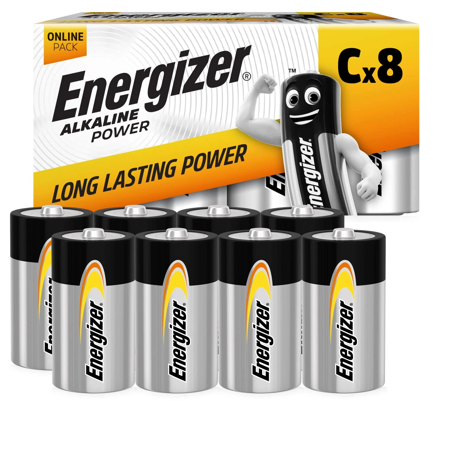 Energizer Alkaline Power - C Batteries (8 Pack) - 1.5V Battery - Long Lasting Power - Toys, Radios, Torches - 100% Recyclable Plastic Free Packaging - 7 Year Shelf Life [Amazon Exclusive]