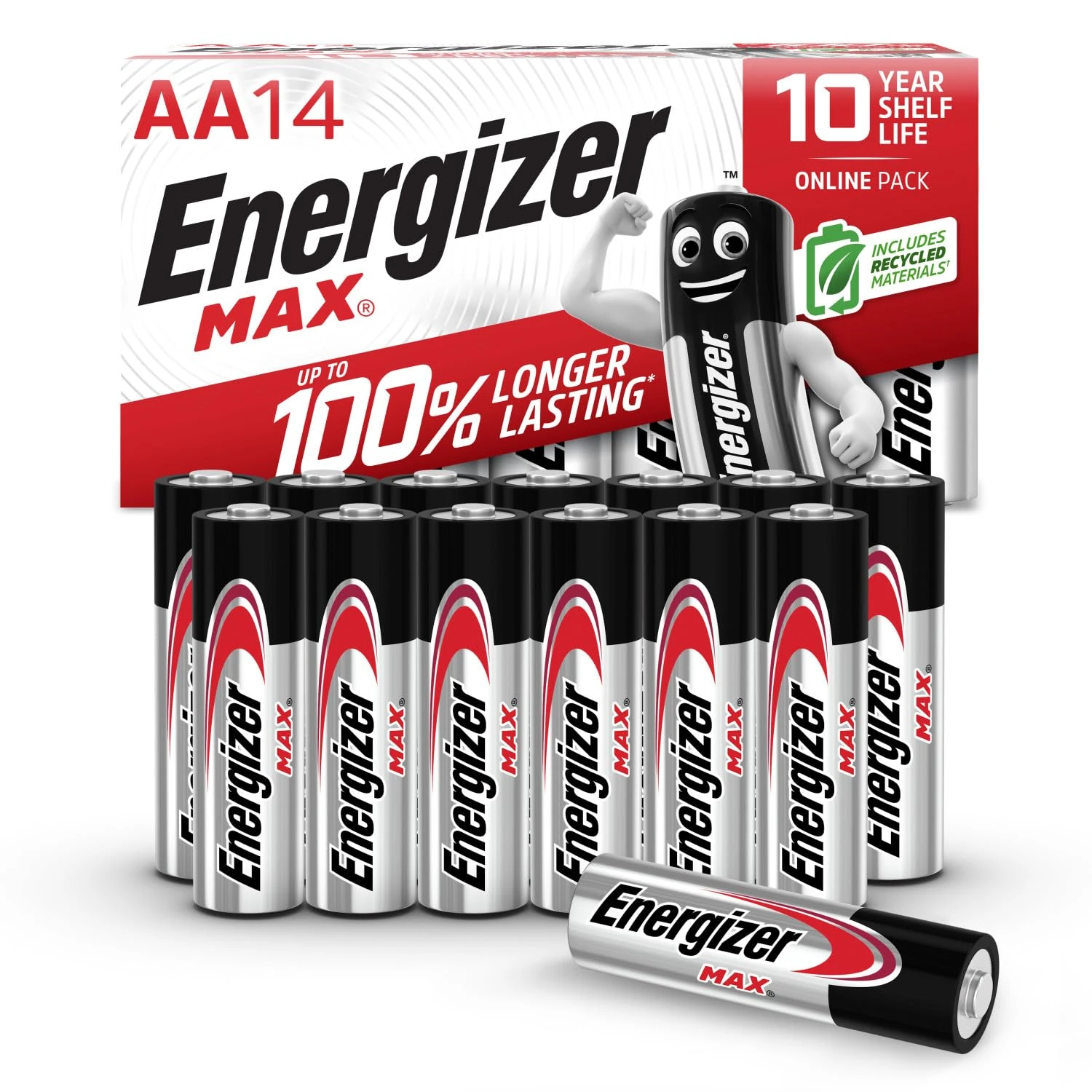 Energizer Max - AA Batteries (14 Pack) - Double A 1.5V Battery - Long Lasting Alkaline Power for Everyday Devices - 100% Recyclable Plastic Free Packaging - 10 Year Shelf Life [Amazon Exclusive]