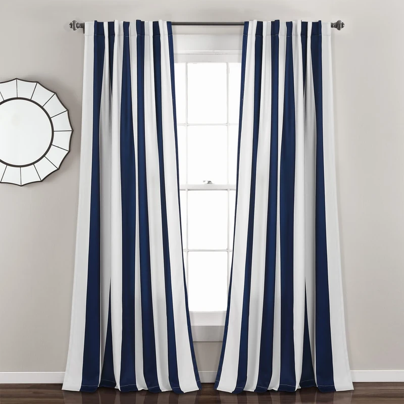 Lush Decor Wilbur Stripe Light Filtering Window Curtain Panel Pair, 84" Long x 52" Wide, Navy