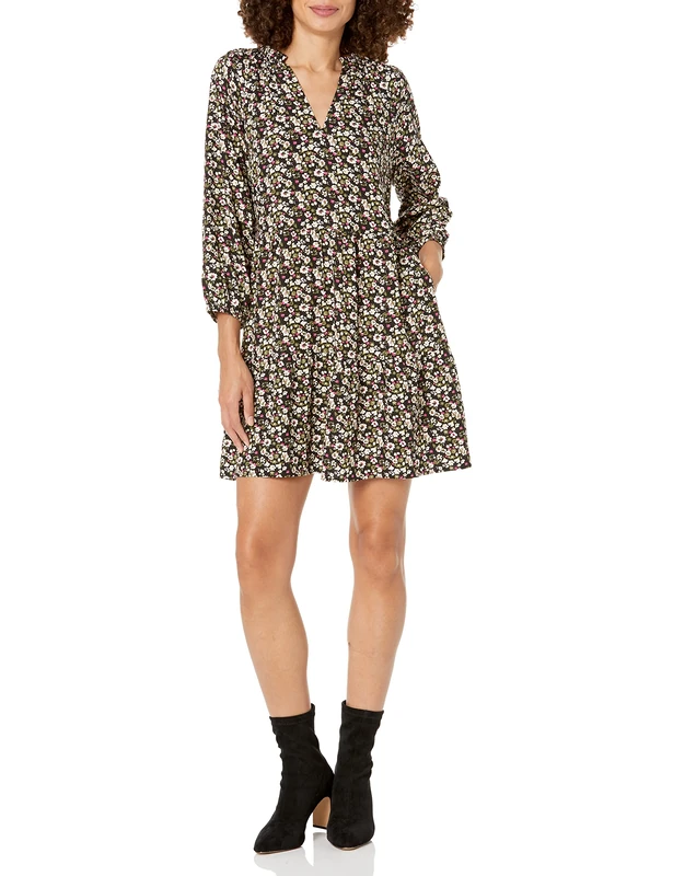 The Drop Women's @caralynmirand Ruffle-Neck Tiered Mini Dress, Black Floral Print, XXL