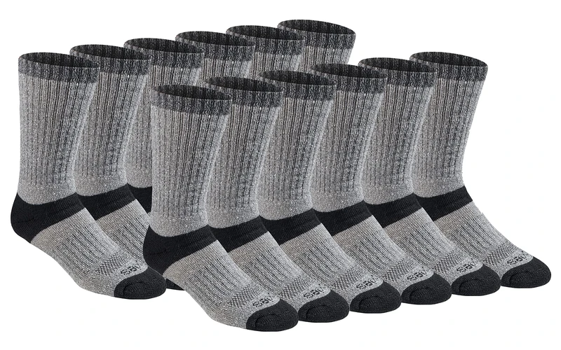 Dickies Men's Dri-Tech Temperature Regulating Wool Blended Work Crew Socks Multipack, Black Heather (12 Pairs), Shoe Size: 6-12