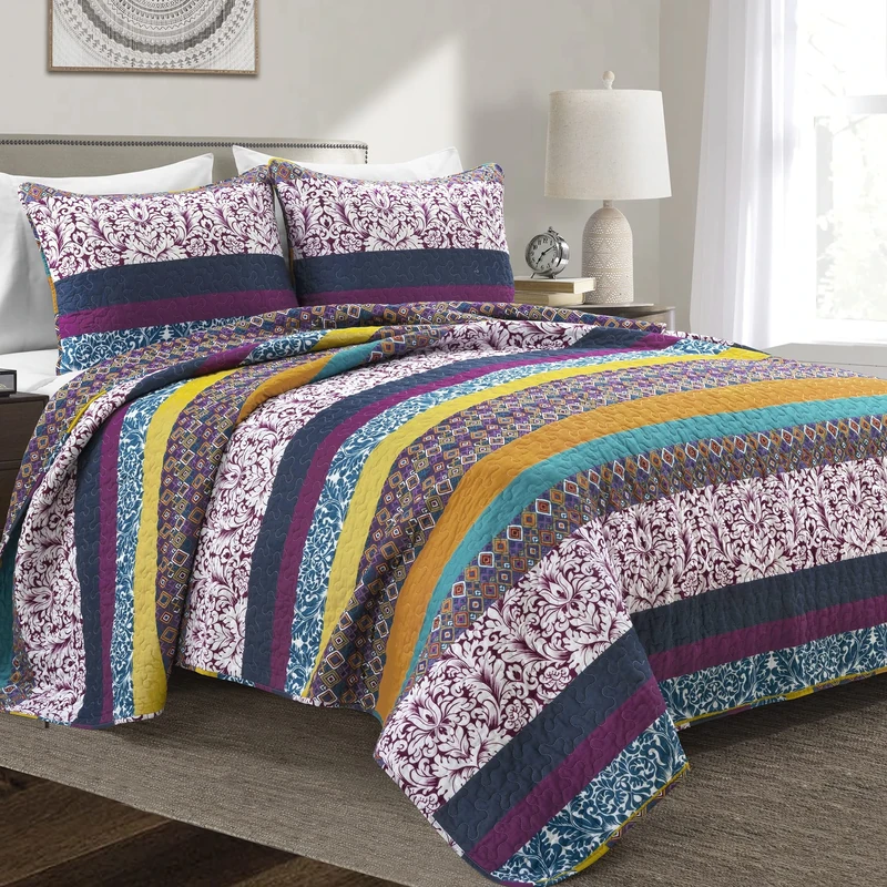 Lush Decor Boho Stripe Reversible Cotton 3 Piece Quilt Set, Polyester, Plum & Yellow, King