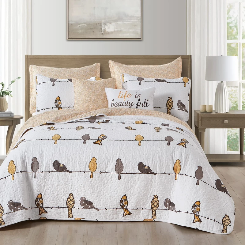 Lush Decor Rowley Birds Reversible 7 Piece Quilt Set, Full/Queen, Yellow & Gray