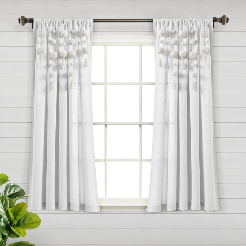 Lush Decor Boho Pom Tassel Linen Window Curtain (Single Panel), 63" Long x 52" Wide, Off- White