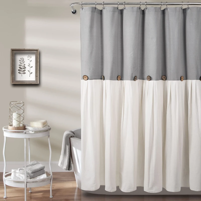 Lush Decor Linen Button Farmhouse Shower Curtain Pleated Two Tone Design for Bathroom, 72" W x 78" L, Gray & White