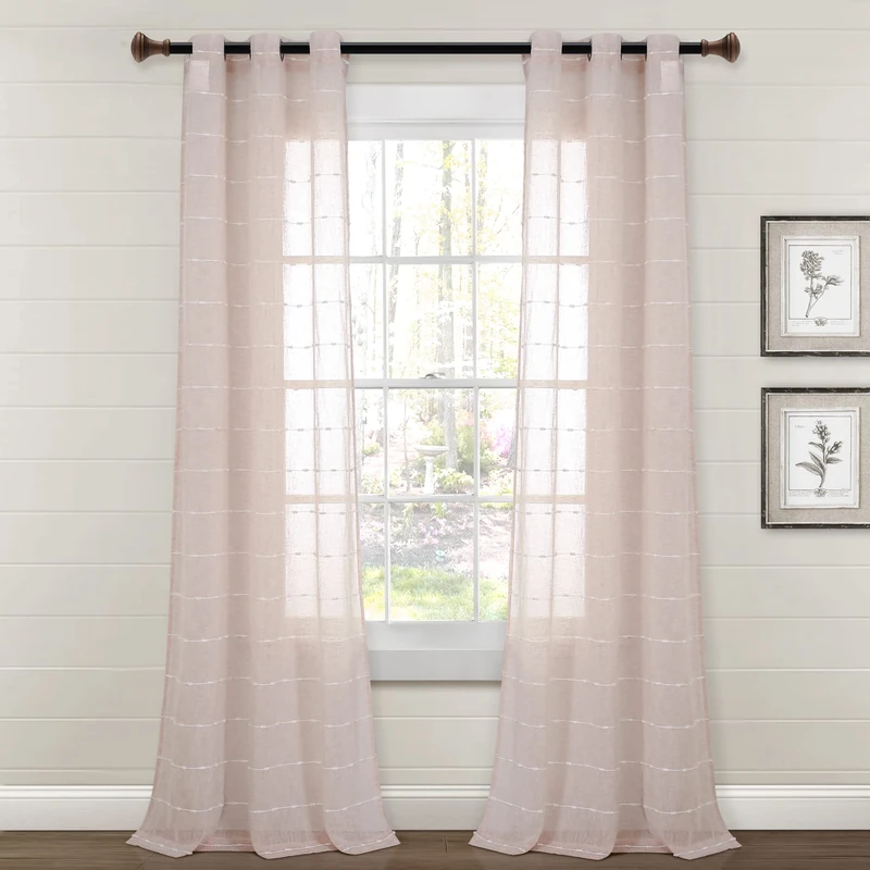 Lush Decor Farmhouse Textured Grommet Sheer Window Curtain Panel Pair, 84" Long x 38" Wide, Blush