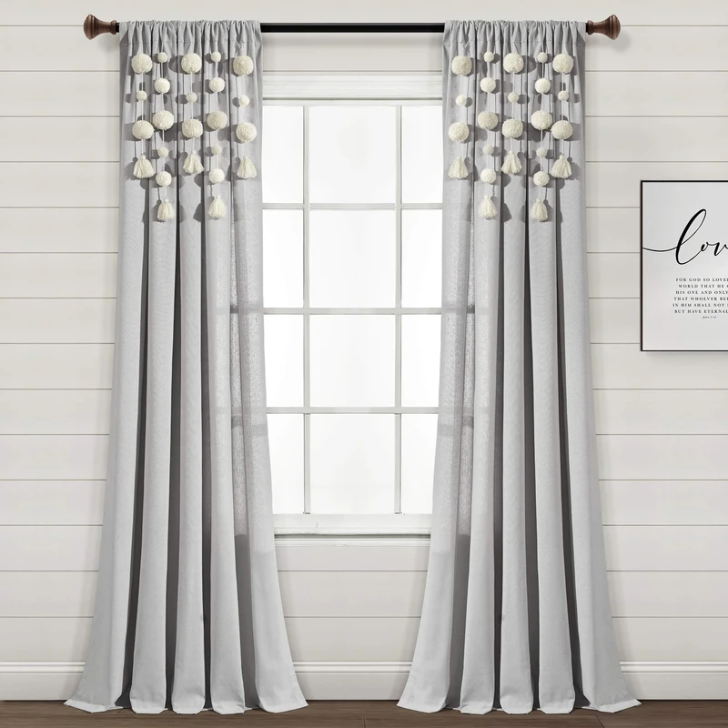 Lush Decor Boho Pom Tassel Linen Window Curtain (Single Panel), 95" Long x 52" Wide, Light Gray