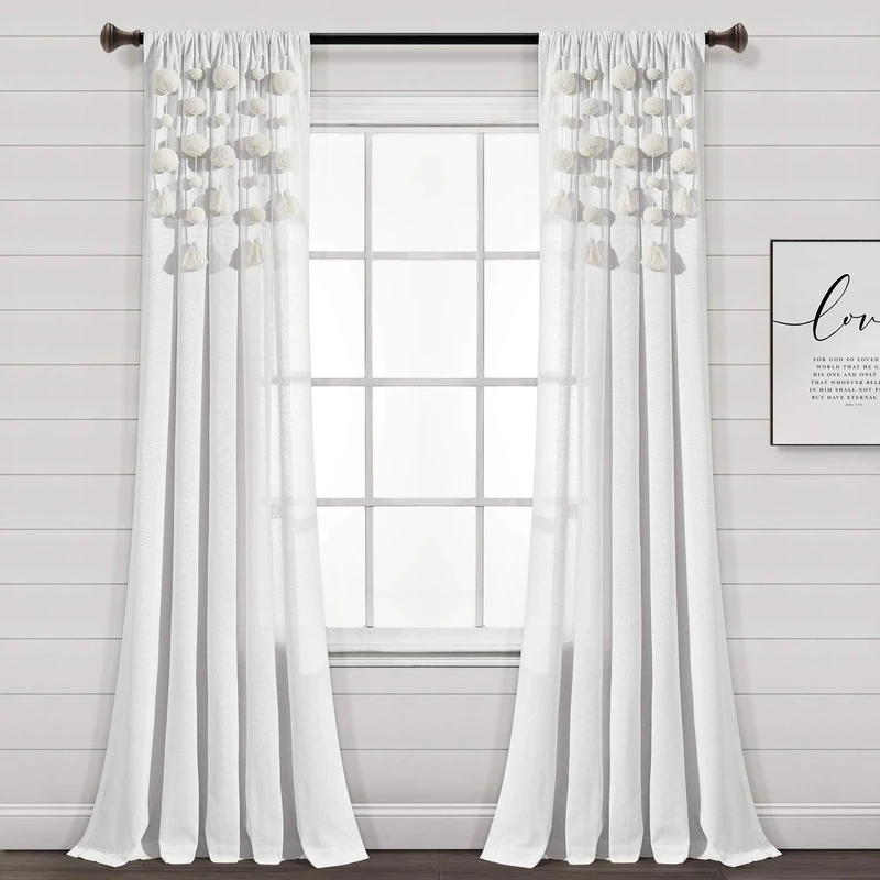 Lush Decor Boho Pom Tassel Linen Window Curtain (Single Panel), 95" Long x 52" Wide, Off- White