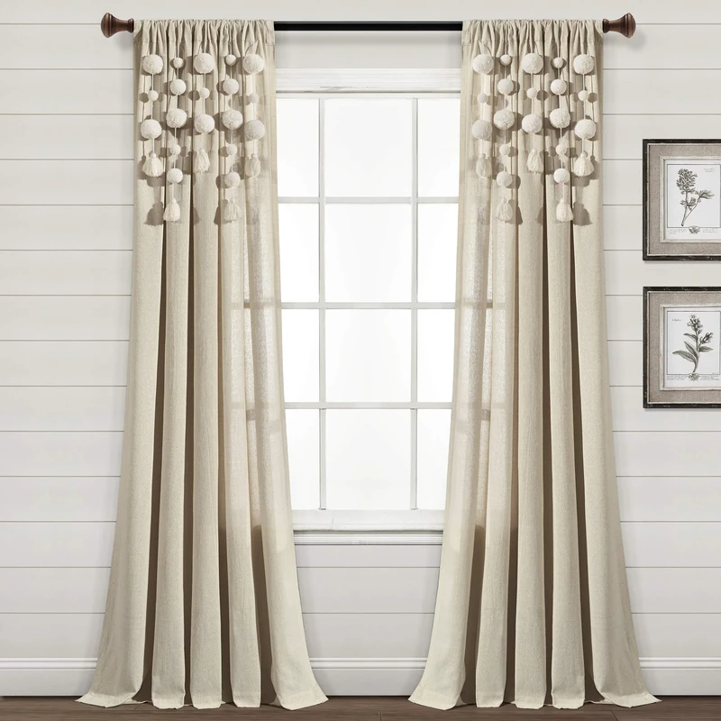 Lush Decor Boho Pom Tassel Window Curtain (Single Panel), 95" Long x 52" Wide, Dark Linen