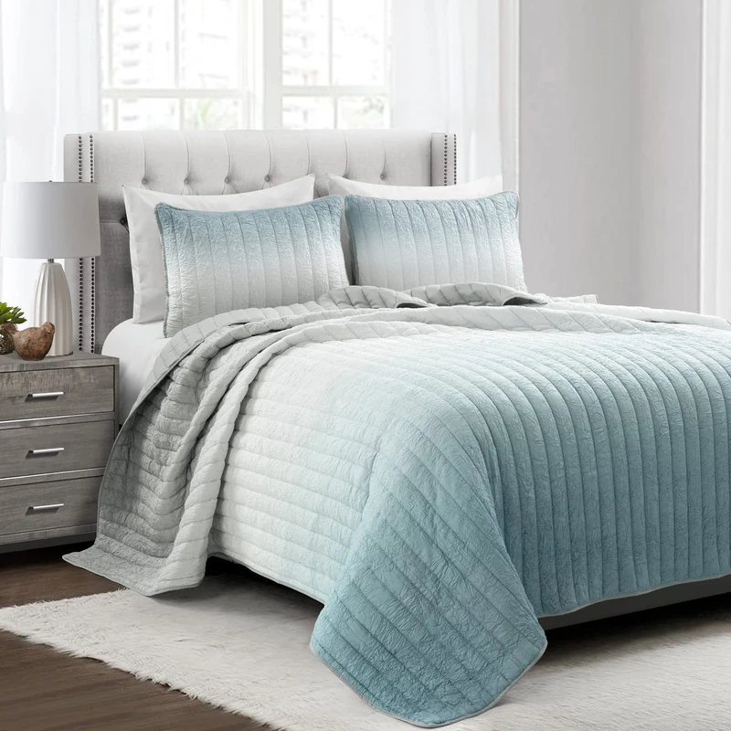 Lush Decor Crinkle Ombre 3 Piece Quilt Set, Blue & Gray, King