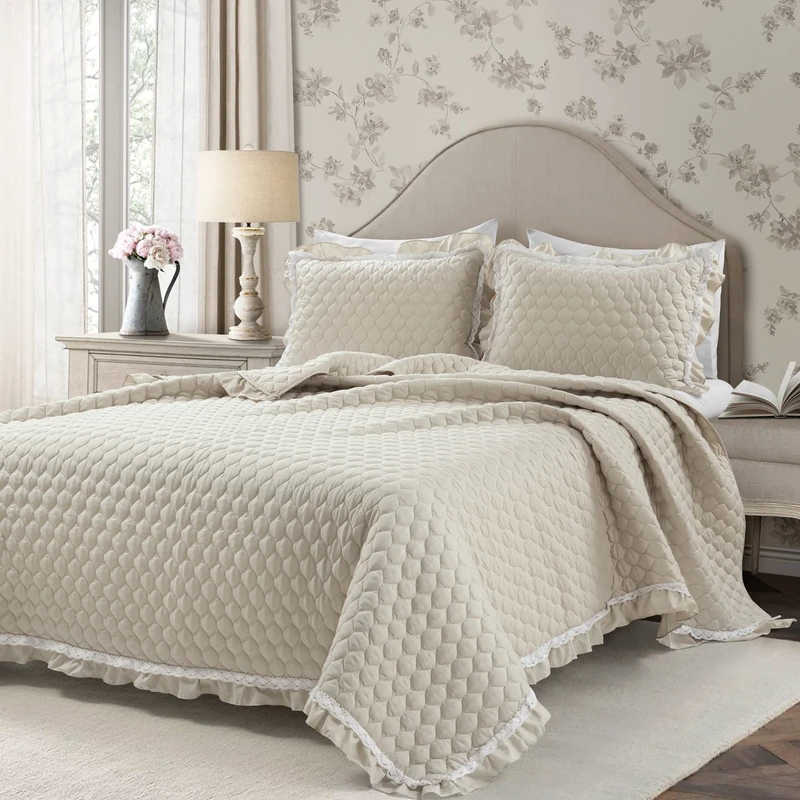 Lush Decor Ella Vintage Chic Ruffle Lace 3 Piece Quilt Set, Polyester, Neutral, Full/Queen