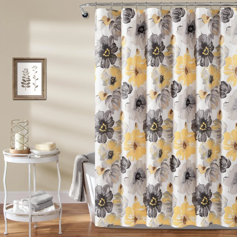Lush Decor Leah Floral Shower Curtain, 72" W x 84" L, Yellow & Gray - Pretty Yellow Shower Curtain - Colorful Blooming Flowers - Extra Long Shower Curtain - Country Cottage & Farmhouse Bathroom Decor