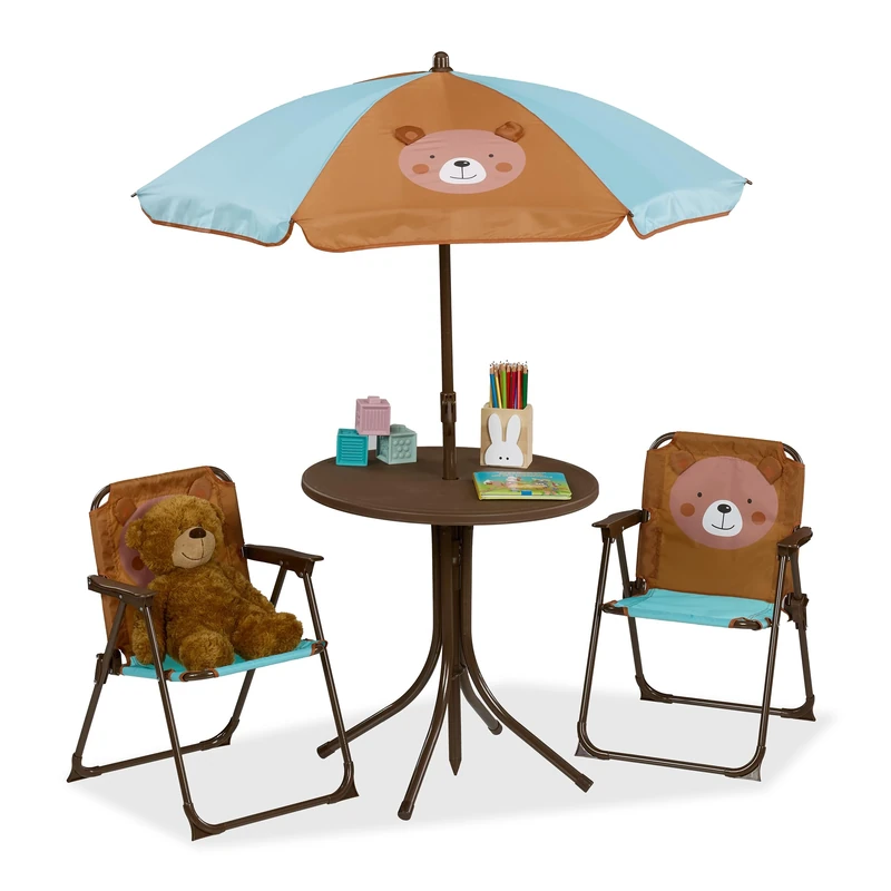 Relaxdays Children’s Camping Furniture Set with Parasol, Folding Chairs & Table, Kids’ Garden Ensemble, Bear, Brown