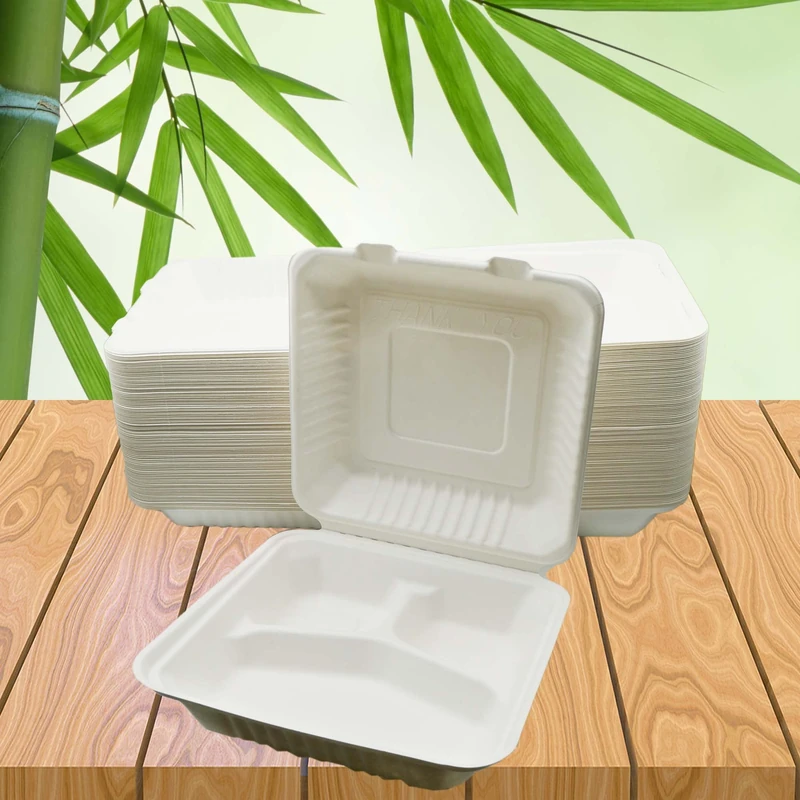 BeTasty Menu Box 3-Divided 1250 ml Disposable Food Trays Sugar Cane 232 x 232 x 76 mm Pack of 100