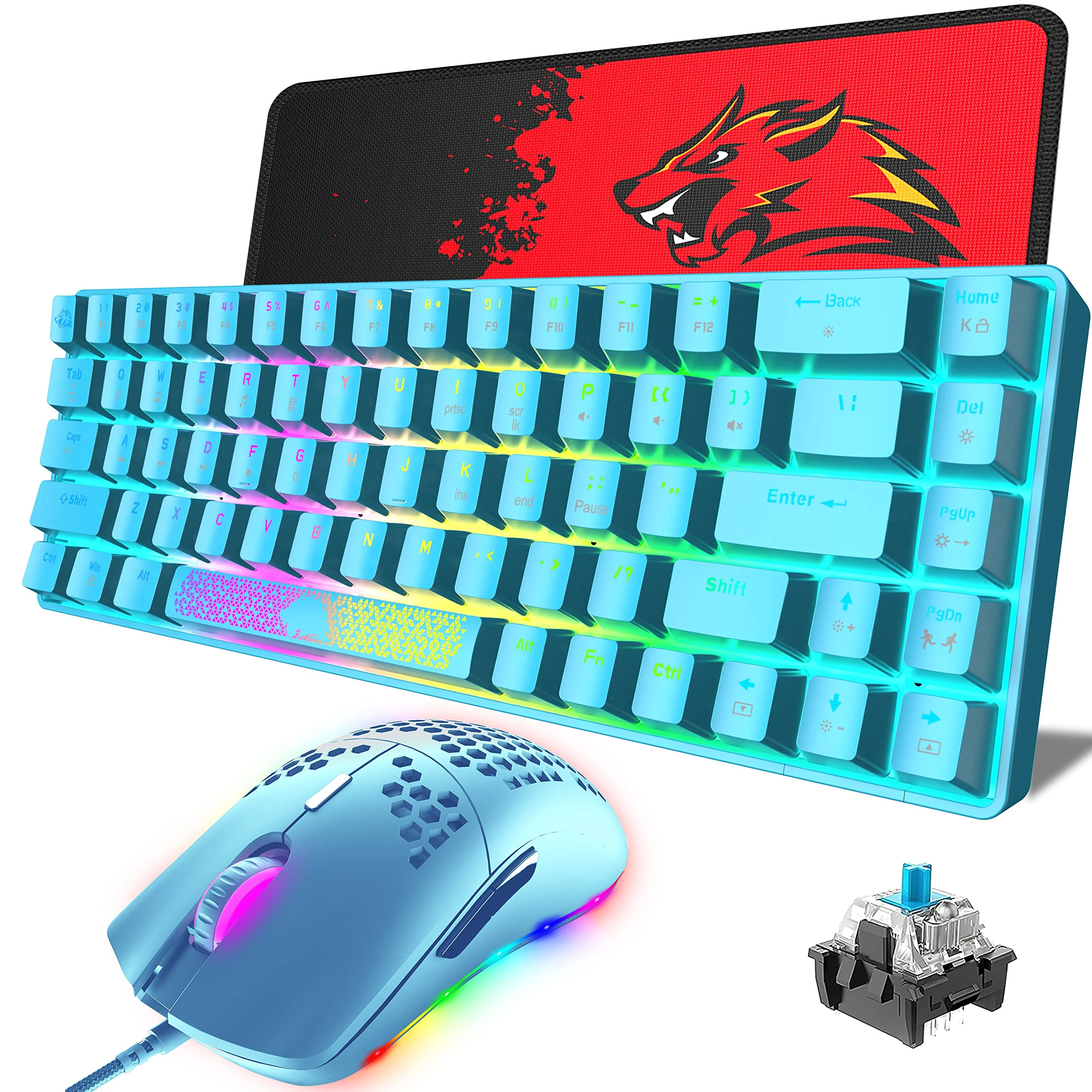 KUIYN T8 60% Mechanical Gaming Keyboard,68 Keys TKL Compact Layout Mini Keyboard,18 Chroma RGB Backlit,Blue Clicky Switch,K61,K68,RK68, + Optical Model-O Gaming Mouse 6400 DPI for PC,Mac,PS4,XBOX