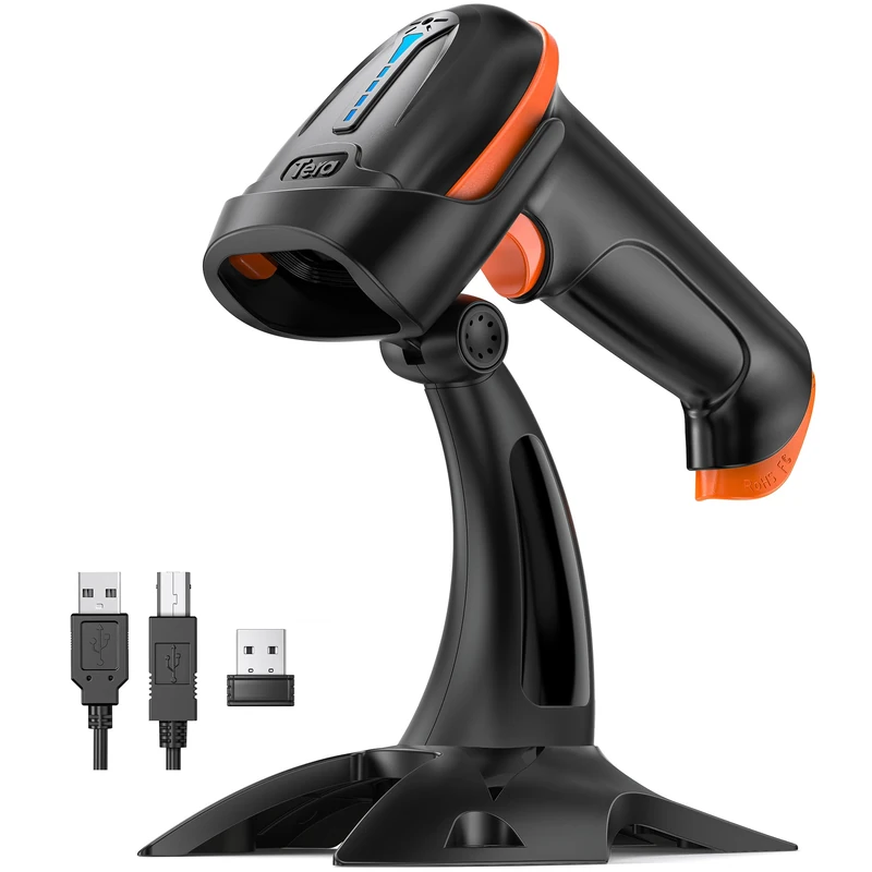 Tera D5100 Barcode Scanner 1D 2D QR Wireless 2.4GHz + Wired USB 2.0 Wired Handheld Scanner Bar Code Reader with Stand Holder 5 Mil Resolution 100 m Range