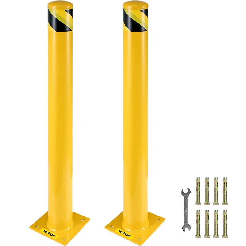 VEVOR Safety Bollard, 42 Inch Height Bollard Post, 5.5 Inch Diameter Steel Pipe Safety Bollard Post, Yellow Steel Bollard, Steel Safety Bollard with 8 Anchor Bolts, Perfect for Traffic-Sensitive Area