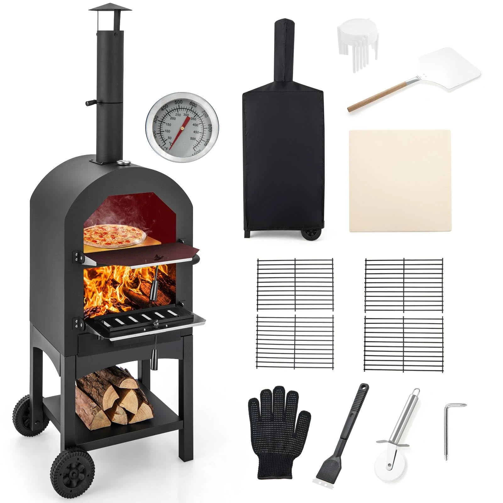TANGZON Outdoor Pizza Oven, Wood-fired Pizza Maker with Waterproof Cover, Built-in Thermometer, Patio Cooking Grill for Camping Backyard BBQ (No Side Storage Shelves, 64 x 53 x 162cm)