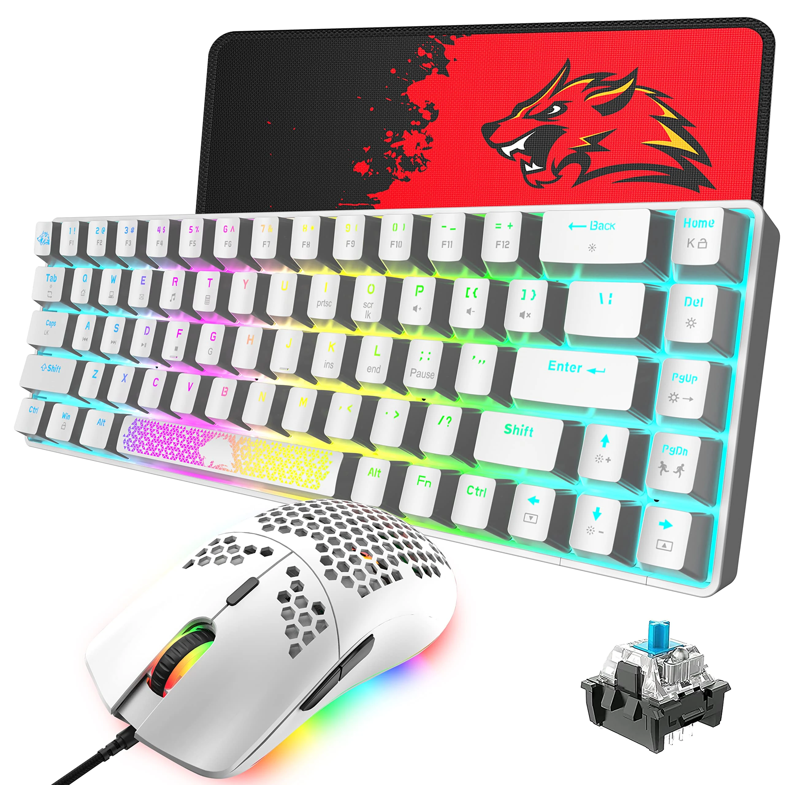 60% Compact Mechanical Gaming Keyboard with 18 RGB Light Type-C Wired 68 Keys Anti-Ghosting + Honeycomb Optical Gaming Mouse with 6400 DPI + Mouse Pad Set (White/Blue Switch)