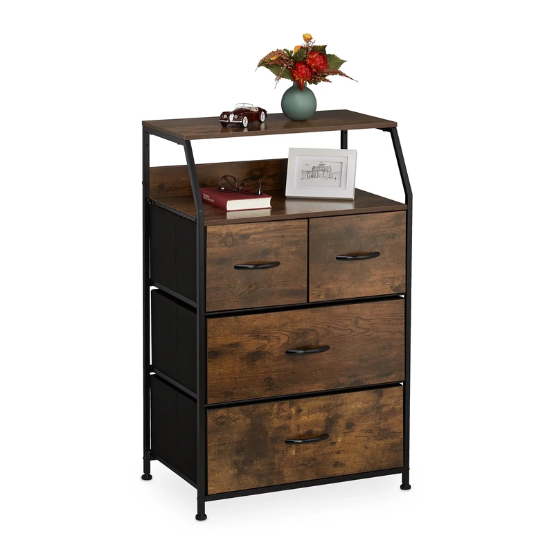 Relaxdays Chest of Drawers, 4 Drawers, H x W x D: 96.5 x 60 x 41.5 cm, Wardrobe, Dresser, Brown/Black