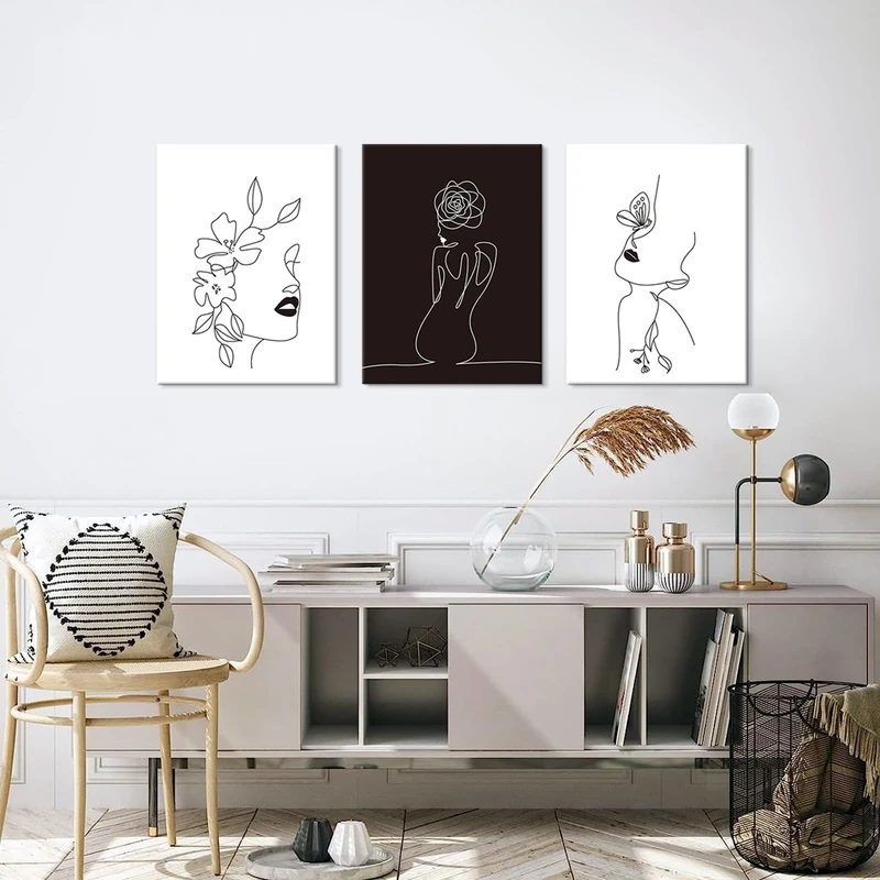 Chadow Artwork Minimalist Woman Line Wall Art Abstract Black and White Girl Canvas Painting Female Face with Flower Picture Aesthetic Poster for Bedroom Bathroom Living Room Home Decor