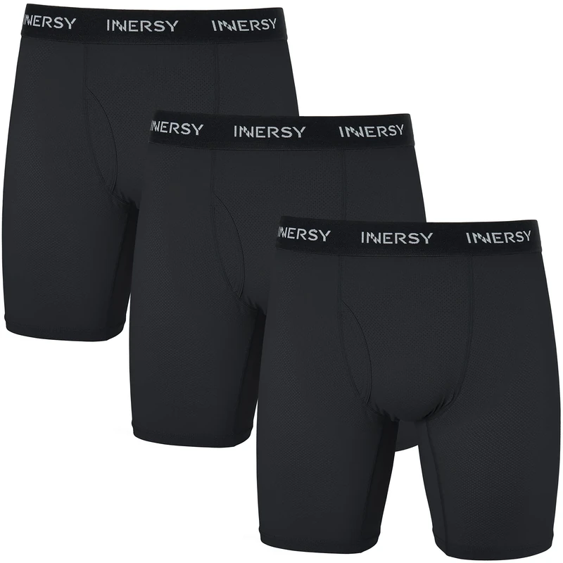 INNERSY Mens Pants Underwear Long Leg Underpants with Fly Sports Trunks Black Boxers Briefs 3 Pack (L, 3 Black)