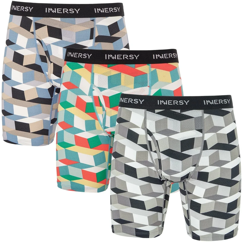 INNERSY Boxers Men Multipack Long Trunks with Fly Pouch Underpants Novelty Pants Underwear 3 Pack (XL, Colorful Cube)