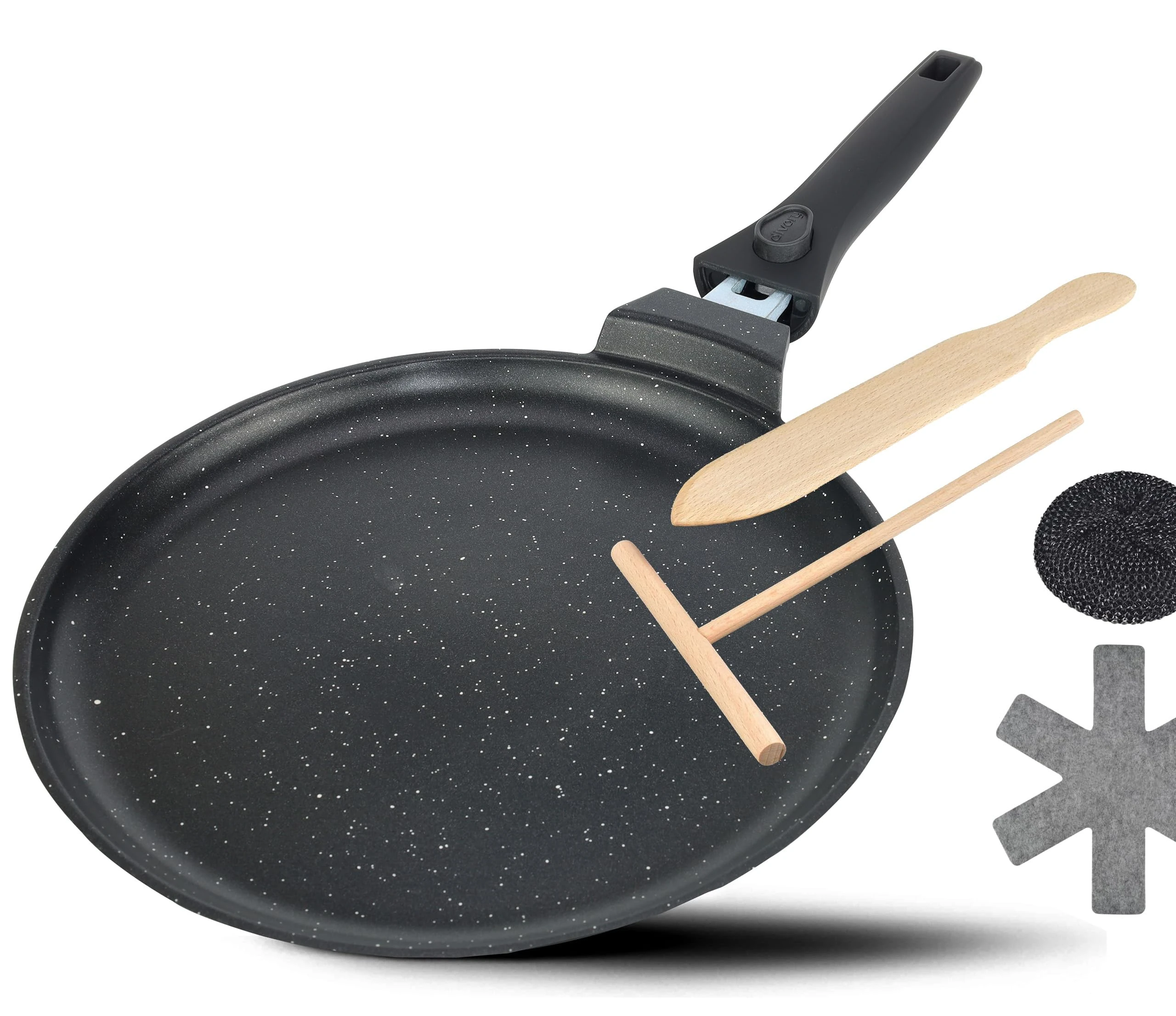 DIVORY Crepe pan Induction 28 cm, Pancake pan with Dough Divider and Wooden Shovel, Induction Coated