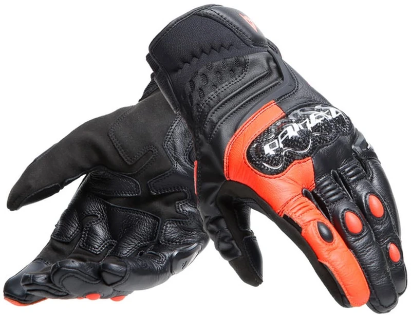 DAINESE - Carbon 4 Short Gloves, Short Leather Motorcycle Gloves, with Carbon Knuckle Protectors, Man, Black/Fluo-Red, XXXL