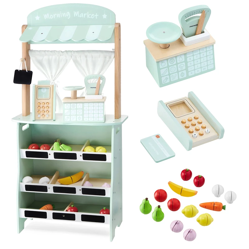 Mamabrum Pretend Shop for Kids, Large Wooden Market Stall 97 x 48 x 23.5 cm, Reversible Shop and Theatre 2 in 1,Grocery Store Playset Included Scale, Payment Terminal,16 Pieces of Fruit and Vegetables