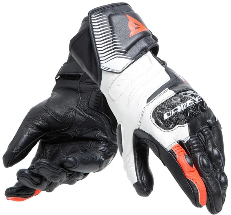 DAINESE - Carbon 4 Long Lady Gloves, Long Sport Motorcycle Gloves, in Sheep Leather with Carbon Knuckle Protectors, Woman, Black/White/Fluo-Red, S