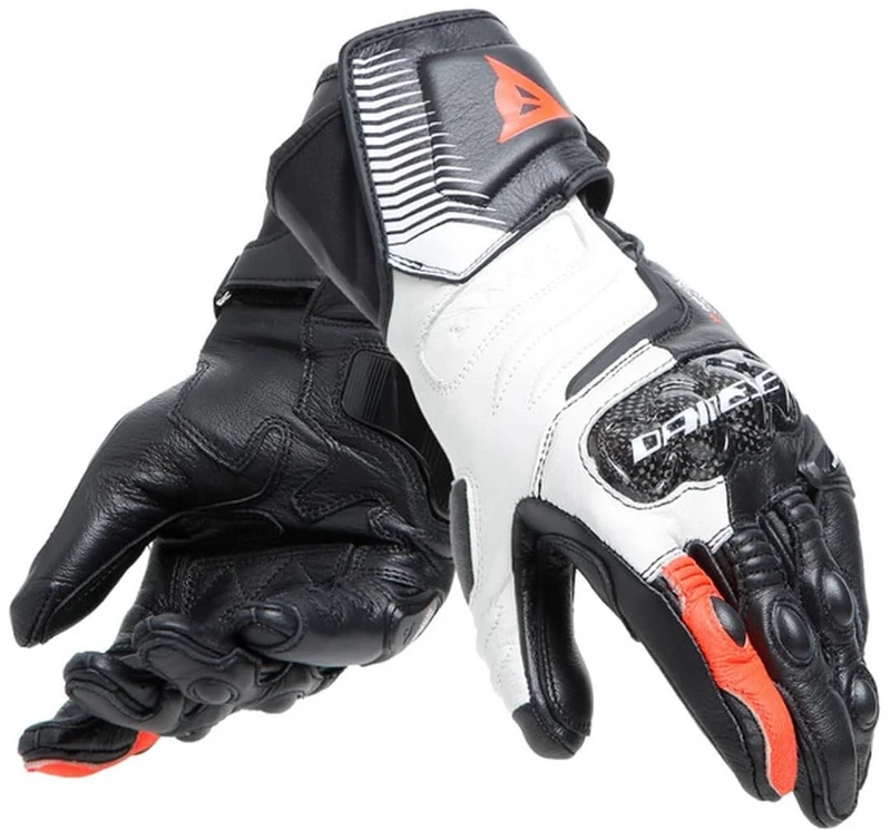 DAINESE - Carbon 4 Long Lady Gloves, Long Sport Motorcycle Gloves, in Sheep Leather with Carbon Knuckle Protectors, Woman, Black/White/Fluo-Red, L