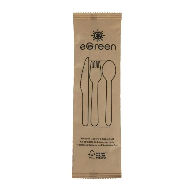 EGreen Individually Kraft Wrapped 4-in-1 Wooden Cutlery Set (Pack of 250), White