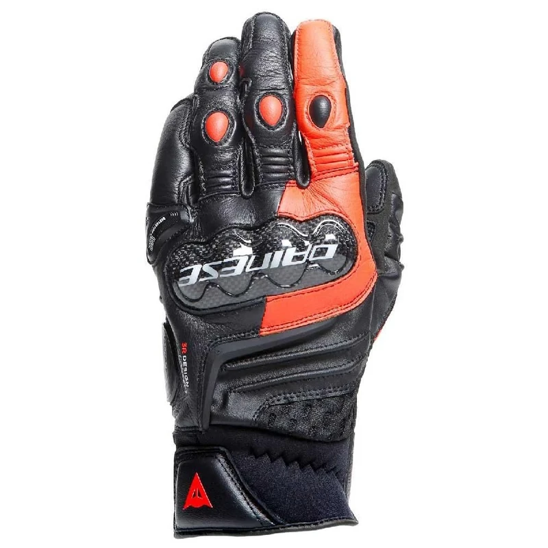 DAINESE - Carbon 4 Short Gloves, Short Leather Motorcycle Gloves, with Carbon Knuckle Protectors, Man, Black/Fluo-Red, XS