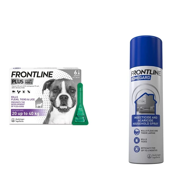 FRONTLINE Plus Flea & Tick Treatment for Large Dogs (20-40 kg) - 6 Pipettes & HomeGard Flea & Tick Household Spray - 500 ml