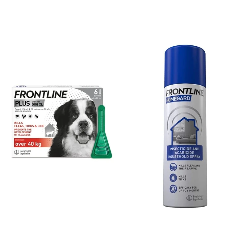 FRONTLINE Plus Flea & Tick Treatment for Extra Large Dogs (over 40 kg) - 6 Pipettes & HomeGard Flea & Tick Household Spray - 500 ml