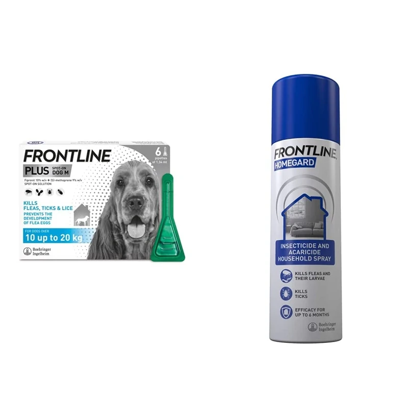 FRONTLINE Plus Flea & Tick Treatment for Medium Dogs (10-20 kg) - 6 Pipettes & HomeGard Flea & Tick Household Spray - 500 ml