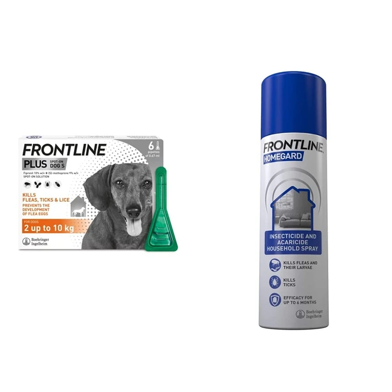 FRONTLINE Plus Flea & Tick Treatment for Small Dogs (2-10 kg) - 6 Pipettes & HomeGard Flea & Tick Household Spray - 500 ml