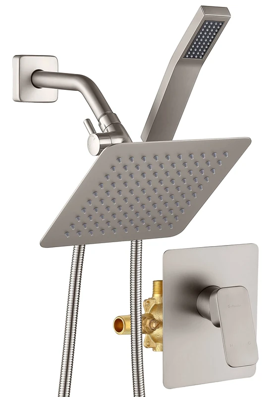 All Metal Shower Faucet Set, Dual Square Shower Head System with Handheld Wand, Diverter, Hose Complete Combo, Pressure Balance Rough-in Valve Included