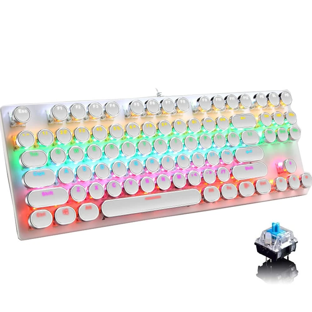 Mechanical Gaming Keyboard,87 Key Retro Punk Typewriter-Style,Blue Switch Rainbow Backlit Keyboard,Anti-Ghosting, USB Wired, for PC Laptop Desktop Computer, for Game and Office(White)
