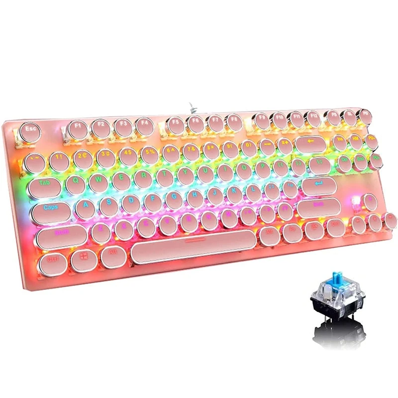 Hsitoolg Mechanical Gaming Pink Keyboard,87 Key Retro Punk Typewriter-Style,Blue Switch RGB Backlit Keyboard,Anti-Ghosting, USB Wired, for PC Laptop Desktop Computer, for Game and Office
