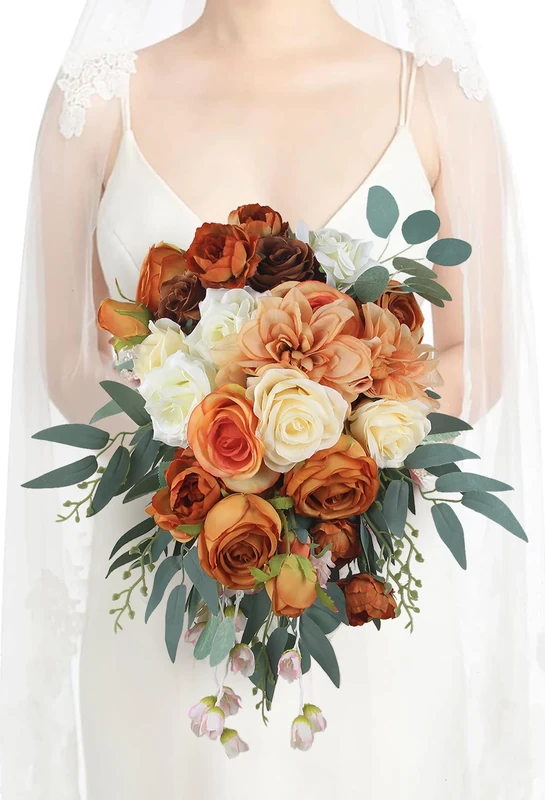 Rinlong 11.8“ Rusitc Burnt Orange Cascade Bouquet Fall Wedding Bouquets for Bride Cascading Wedding Bouquet of Flowers Teardrop Bridal Bouquet Wedding Artificial Flowers Bouquet