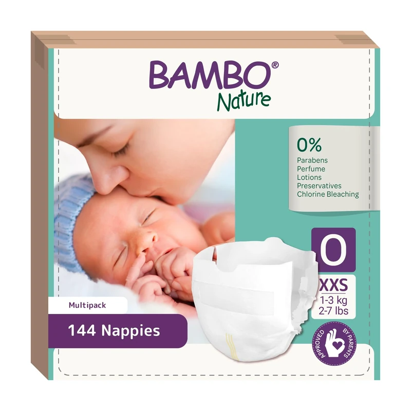 Bambo Nature Premium Eco Nappies, Premature Size 0 (1-3kg) XXS, Pack of 144, Eco-Labelled Sustainable Nappy, Enhanced Leakage Protection, Secure and Comfortable Baby Nappies