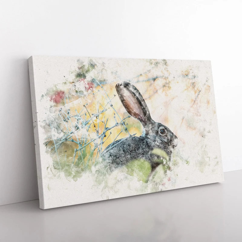 Big Box Art Hare in The Bushes Watercolour Canvas Wall Art Print Ready to Hang Picture, 76 x 50 cm (30 x 20 Inch), Greige, Yellow, Grey, Olive, Green, Black - Image 1