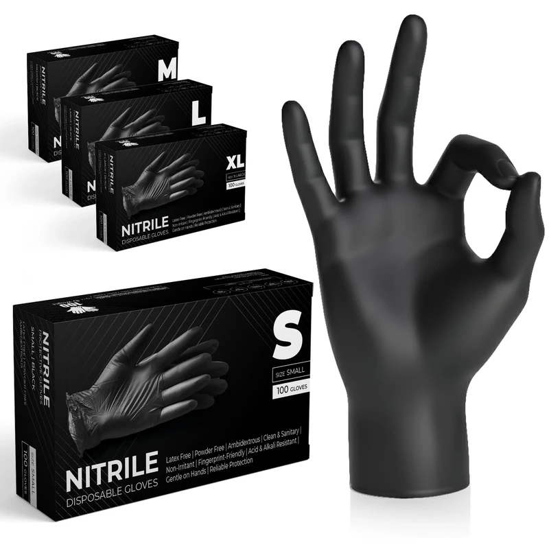 The Real Touch Black Nitrile Multi-Purpose Disposable Gloves, Powder Free, Disposable, Extra Strong - Box of 100 (Black, Small)