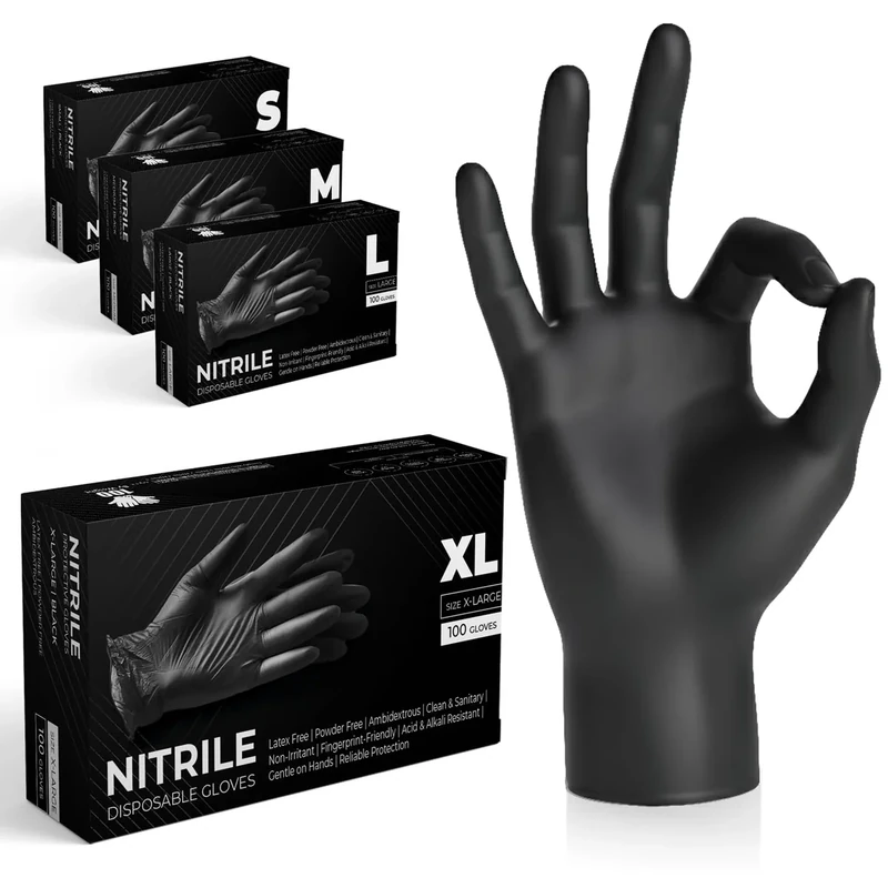 The Real Touch Black Nitrile Multi-Purpose Disposable Gloves, Powder Free, Disposable, Extra Strong - Box of 100 (Black, X-Large)