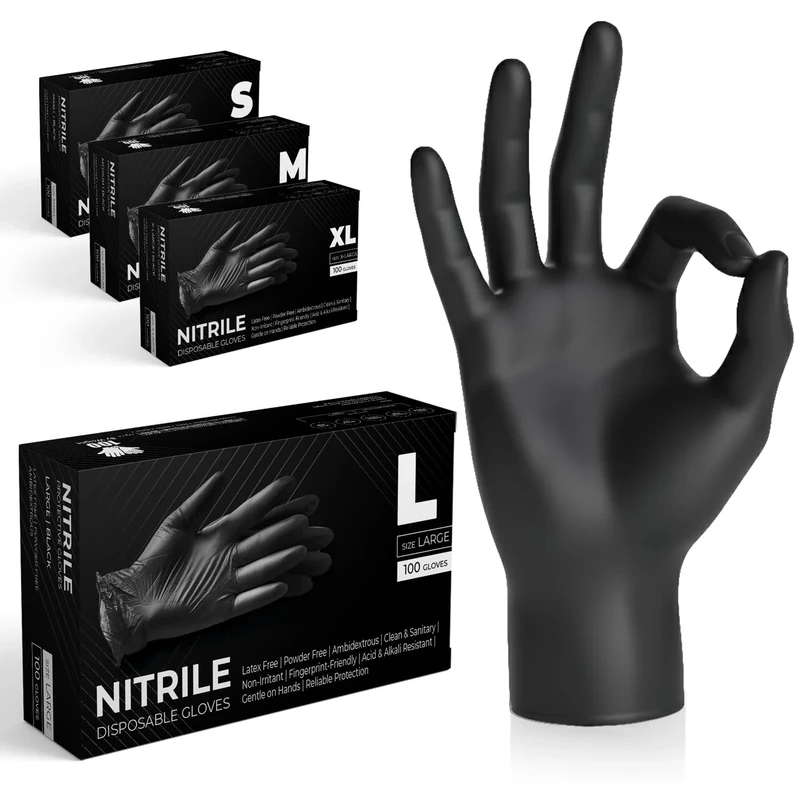 The Real Touch Black Nitrile Multi-Purpose Disposable Gloves, Powder Free, Disposable, Extra Strong - Box of 100 (Black, Large)